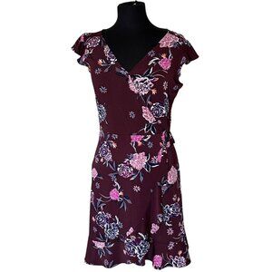 Candie's Wrap Mini Floral Dress Maroon Red w/Waist Tie Poly Blend Junior Size M